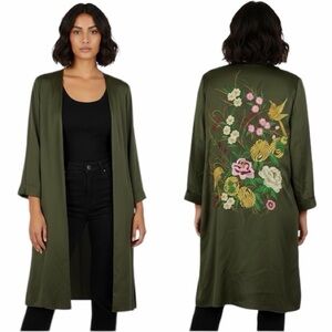 River Island Boho Floral Embroidered Open Front Duster Kimono Large Olive Green
